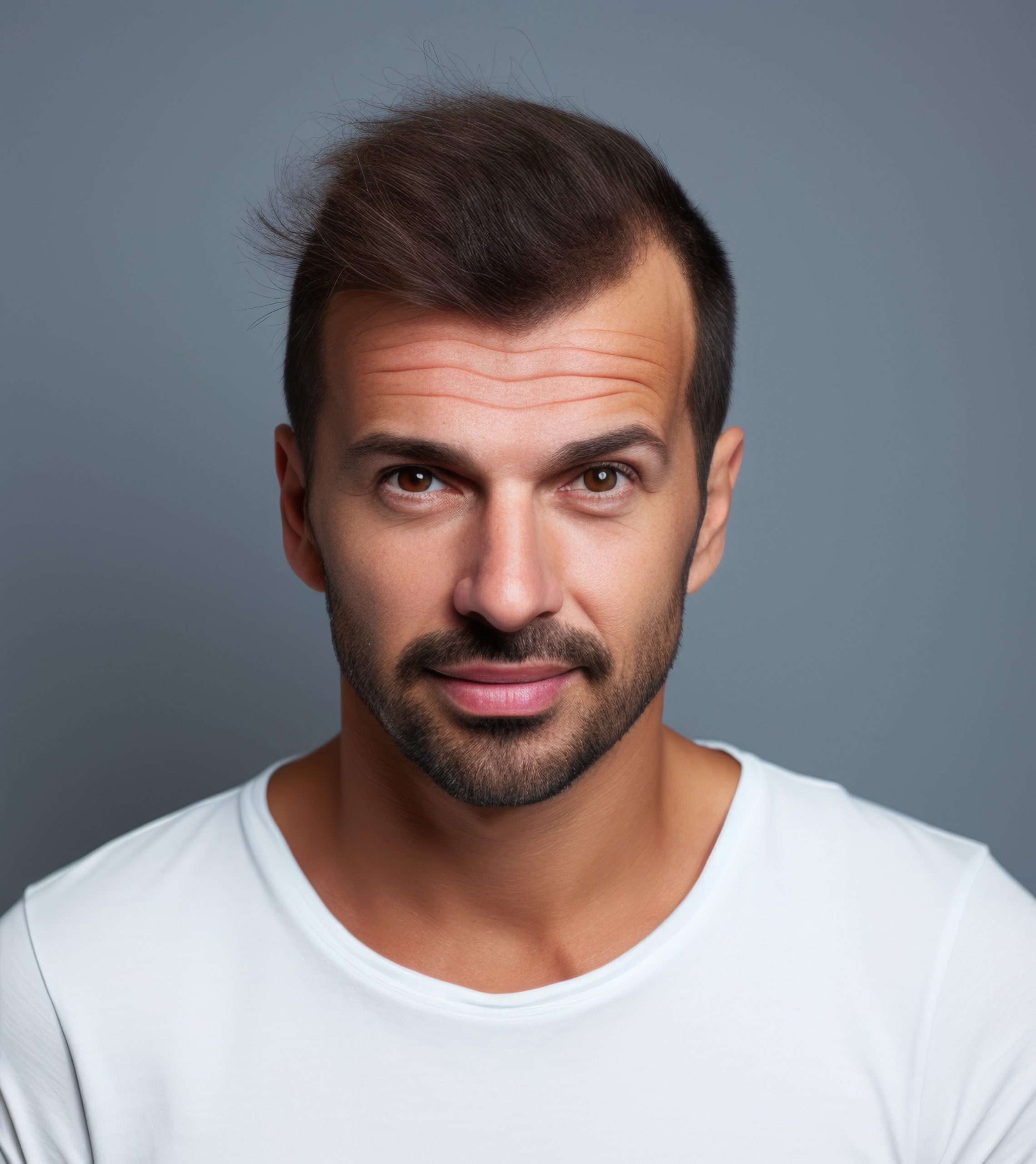 Before and after hair transplant: man look at camera, front view.