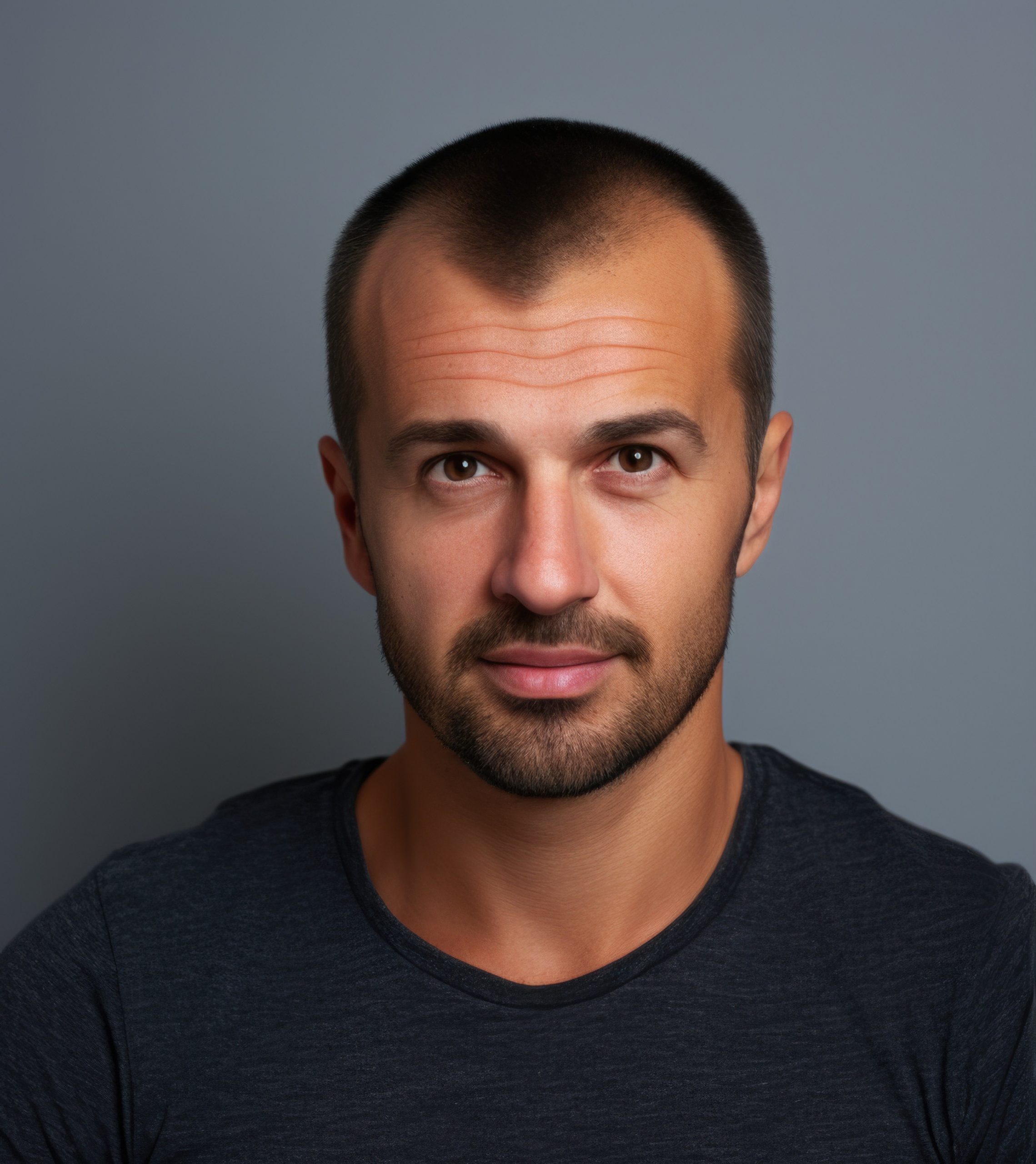Before and after hair transplant: man look at camera, front view.